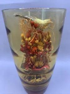 Vintage Dry Flowers With Bird In Amber Wave Vase 6.75"T