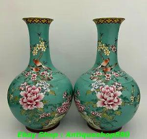 Qing Dynasty Enamel Colour Porcelain Peony Flower Magpie Birds Bottle Vase Pair