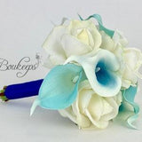 CHOOSE RIBBON COLOR - Aqua Calla Lily Bouquet, Aqua and White Bridal Bouquet, Calla Lily Bouquet, Real Touch Rose and Calla Lily Bouquet