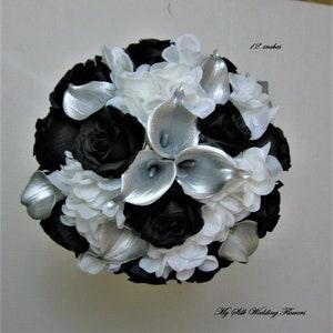 Black and White wedding bouquet, Silver bouquet, Roses, Hydrangeas, Calla lilies wedding bouquet