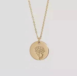 January Birth Month Flower Carnation Disc Coin Necklace Gold Plated Birthday N23