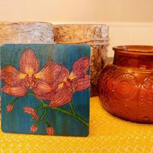 Purple orchid painting - combination wood burning and watercolor - original small floral art decor - 4" x 4"