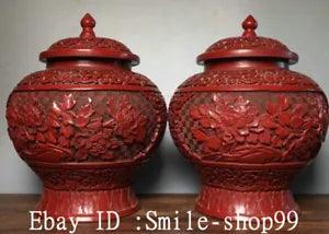7.4" Old China lacquerware Carve Peony Flower Pattern General Crock Pot Jar Pair