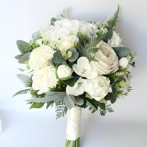 Artificial white ivory wedding flower bouquet, Real Touch bridal flower bouquet, Faux flower bouquet, Bridesmaid Winter peony bouquet