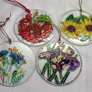 Suncatcher floral designs, Blue and Orange Cornflowers, Sunflower, Purple Iris, Red Rose, Hand painted, Christmas ornament, Glass suncatcher