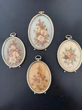Vintage Pressed Dried Flower Art Pictures Oval Metal Plastic Set of 4 Artwork