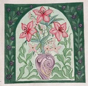 Hand Painted Needlework Canvas Lily Flower Vase Lilies Floral Plant Pot Leaves