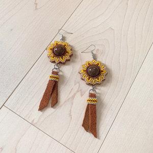 Sunflower Drop Fringe Earrings with Custom Cabochons