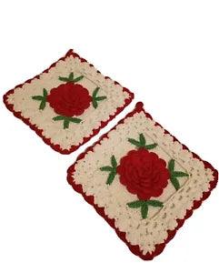 2 Crocheted Red Floral Rose Carnation Pot Holders Hot Pads