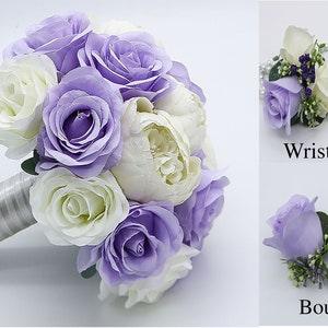 Lilac Rose Peony Wedding Bouquet, Round Bridal Bridesmaids Bouquets, Faux Wedding Flower Bouquet Boutonniere Corsages