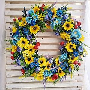 Ukraine Traditional Sunflower Daisy Yellow Blue Red Design Summer Farmhouse Front Door Porch Large Wreath, Stand With Ukraine