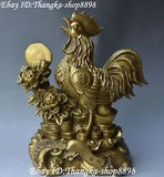 14" Chinese Pure Bronze Peony Flower Wealth Chicken Rooster Cock Animal Statue