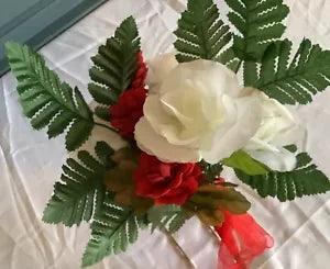 White silk carnation and red flower bridal bouquet