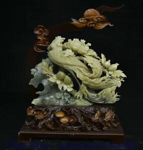 16.8" China 100% Natural Jade Carving Feng Shui Phoenix Peony Flower Decoration