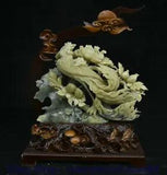 16.8" China 100% Natural Jade Carving Feng Shui Phoenix Peony Flower Decoration