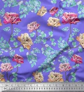 Soimoi Purple Velvet Fabric Leaves & Peony Floral Printed Fabric-Bdx