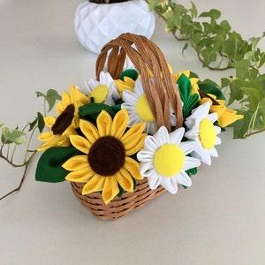 Tsumami Kanzashi Fabric Sunflower & Paris Daisy Flower Basket Woven Decor - Handmade