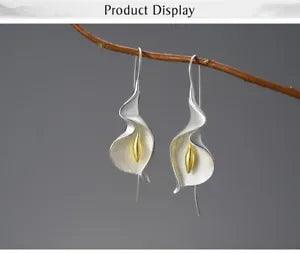 Lily Flower Dangle Earrings Real 925 Sterling Silver with 18K plated gold