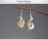 Lily Flower Dangle Earrings Real 925 Sterling Silver with 18K plated gold