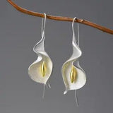 18K Gold Calla Lily Flower Dangle Earrings Real 925 Sterling Silver Jewelry