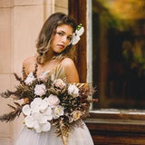 Dried wedding bouquet, Palm leaf bouquet, Orchid cascade bouquet, Light pink roses, Silk flowers fall bouquet