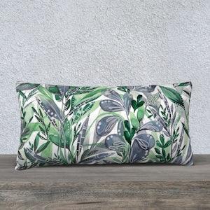 Blue Green White Boho Leaves 24x12 inch Lumbar Throw Pillow Cover | Velveteen, Cotton Linen, Poly Canvas, Cotton Canvas | Blue Green Indigo