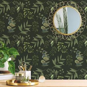 Green Botanical Peel and Stick wallpaper / Dark Removable wallpaper / Green wallpaper - Self-adhesive or Traditional