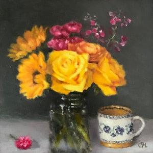 Yellow rose bouquet in Oil on 8???x8??? archival wood panel (1/8??? thick)