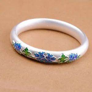 Pure S999 Fine Silver Bangle Women Lucky Gift Enamel Peony Flower Bracelet 39g