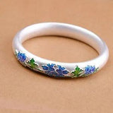 Pure S999 Fine Silver Bangle Women Lucky Gift Enamel Peony Flower Bracelet 39g