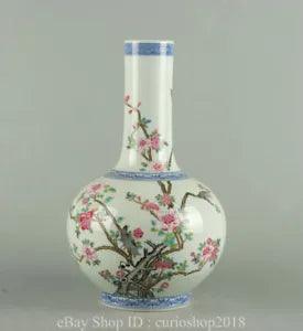 12.9"Yongzheng Marked China Famile Rose Porcelain Dynasty Peony Flower Bird Vase