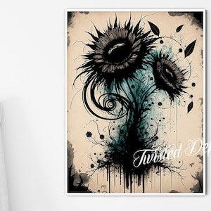 GOTHIC SUNFLOWER, Gothic Flower Painting . Framed fine art, canvas, or poster prints.