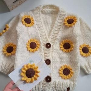 Knitted Sunflower Children's Cardigan, Newborn Gift, New Valentines Day For Kids, Knitted White Children's Cardigan, Unisex Day For Baby