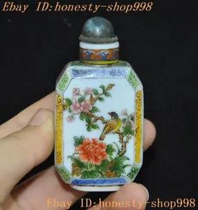 2.8'' Marked Old China Glass painted Plum blossom bird peony statue Snuff bottle