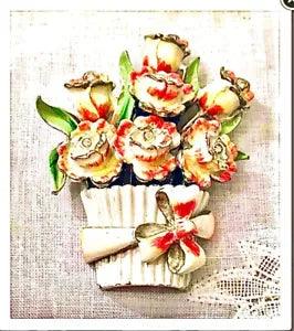 Antique Enamel Lily Bell Orchid Flower Fur Clip Coro Brooch Art Nouveau Deco Vtg