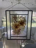 Pressed Dried Flower Art Floating Glass Pewter Frame Wall Window Hanging 9???x11???