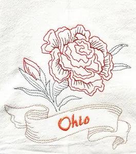 STATE FLOWER-OHIO-SCARLET CARNATION MACHINE EMBROIDERED FLOUR SACK DISH TOWEL
