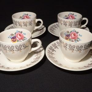 Set of 4 Golden Bouquet by Empire Porcelain teacup and saucer set 22kt Gold flowers on rim floral center rose pansies Staffordshire