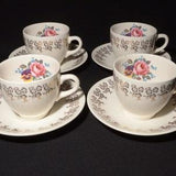 Set of 4 Golden Bouquet by Empire Porcelain teacup and saucer set 22kt Gold flowers on rim floral center rose pansies Staffordshire