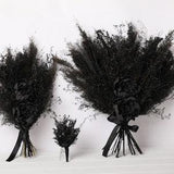 Black gothic wildflower bouquet, gothic wedding bouquet with black peonies, lunaria stems, pampas grass, black feathers