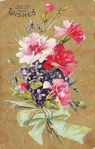 Pink Red Carnation Violets Flower Bouquet~Teal Ribbon~Textured Gold Back~Germany