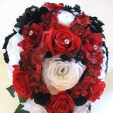 Wedding Bouquet, 17-piece Bridal Cascade bouquet, RED BLACK WHITE, Wedding silk flower bouquet, Bridesmaids bouquet package 