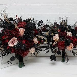 Burgundy black gold beige flowers Fall bridal bouquet Faux bouquet Fall wedding Halloween wedding Silk flowers Boho wedding-size 17 inch