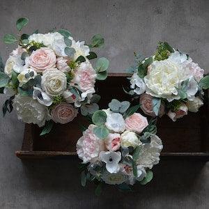 Rustic Blush Pink Bridal Bouquets, Real Touch Anemones, Peonies, Cabbage Roses, Eucalyptus, Wedding Bouquet, Faux Flowers