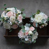 Rustic Blush Pink Bridal Bouquets, Real Touch Anemones, Peonies, Cabbage Roses, Eucalyptus, Wedding Bouquet, Faux Flowers