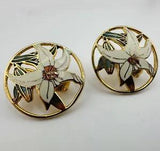 Vintage Gold Tone Chinese Style Enamel Cloisonn??? Cut Out Lily Clip On Earrings
