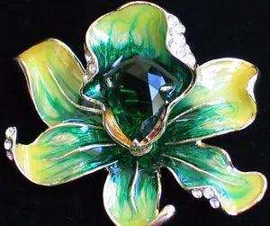 GREEN YELLOW RHINESTONE ROSE LILY IRIS ORCHID FLOWER PIN BROOCH JEWELRY 2" 3D