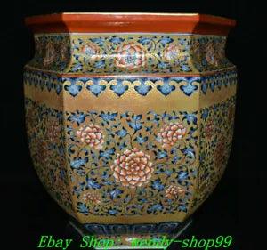 13" Qianlong Marked Colour Enamel Porcelain Gilt Peony Flower Pot Jar Crock