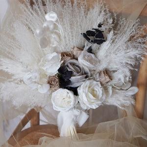 Tan Preserved flower Bouquet,  White  Pampas Bridal bouquet ,Grey ,Black artificial  flowers, boho wedding bouquet, bridesmaid bouquets