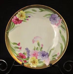 Bavaria Tirschenreuth Plate Hand Painted Carnations Strap Leaves Gold 1903-1927